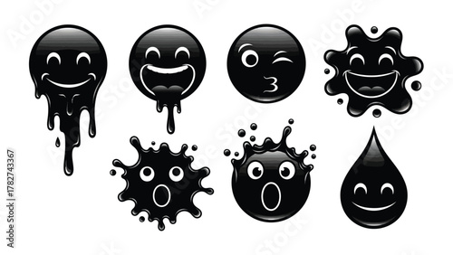 Black Liquid Emoji Set with Cartoon Faces Expressing Different Emotions on White Background