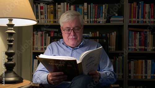 Elderly Man Reading a Book in a Cozy Library Setting With Warm Lighting