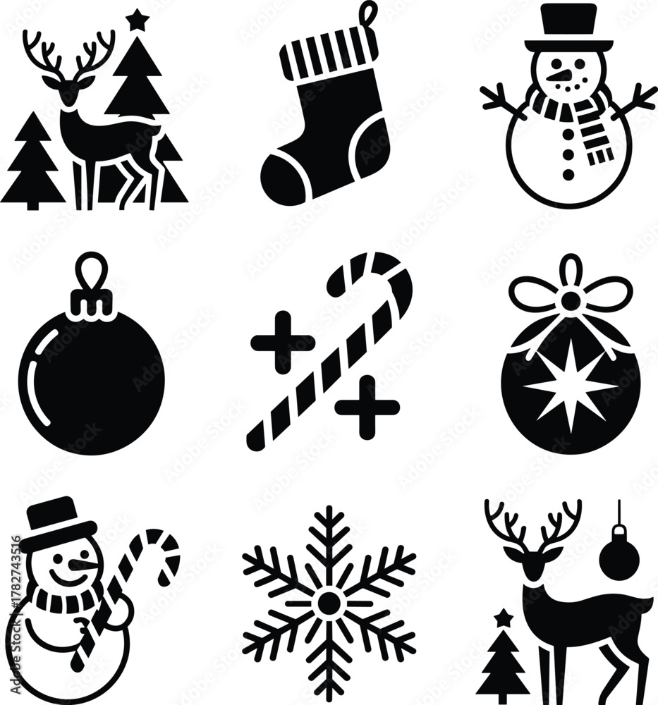 Naklejka premium Christmas, holiday, festive, icons, reindeer, tree, stocking, snowman, ornament, candy, cane, snowflake, winter, illustration, vector, design, cartoon, symbol, celebration