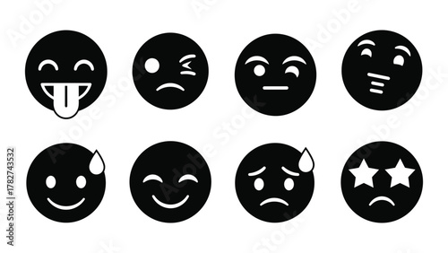Collection of various emoji faces expressing diverse feelings in solid black color great for designs