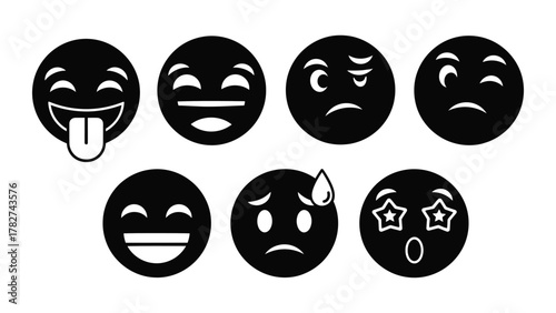 Monochrome Emotion Icons Showing Various Facial Expressions and Feelings with a Simple Minimalist Design