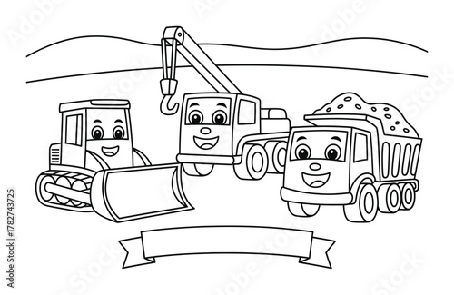 Cute construction vehicles coloring page vector