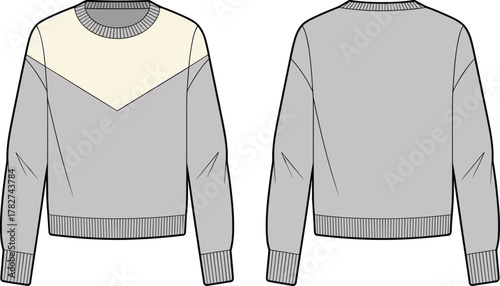 Sweatshirt, pullover, fashion design, flat sketch, vector template, crew neck sweater, casual clothing, unisex style, minimal design, CAD drawing illustration