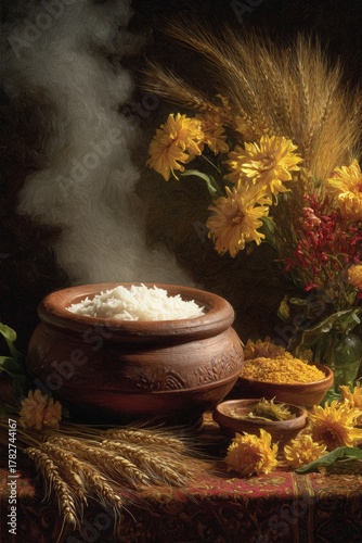 Delicious Rice Served in a Traditional Pot With Vibrant Flowers and Rustic Decor