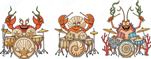 Funny crabs playing drums underwater, ocean musicians cartoon, sea animal band illustration, creative marine art, musical crustacean performance scene