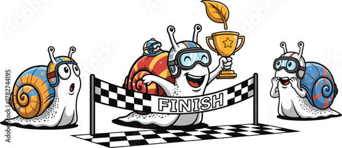 Funny racing snails crossing finish line with trophy, cute snail race winner celebration, cartoon animals competition illustration design