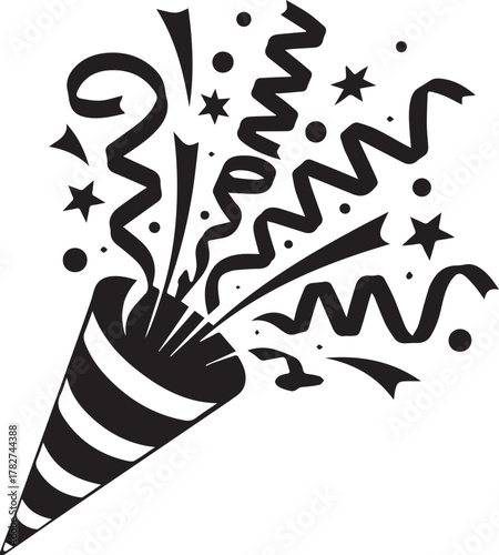 Black and white illustration of a party popper exploding with confetti and streamers celebration explosion