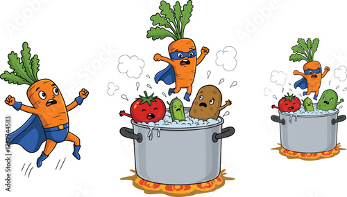 Funny superhero carrot saving vegetables from boiling pot, cartoon healthy food rescue illustration with tomato potato cucumber characters