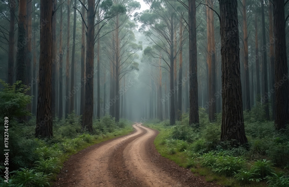 Obraz premium Dirt road winds through eucalyptus forest in Australia. Tall trees create sense of depth, tranquility. Path invites exploration amid nature. Fog adds mystery to wooded landscape atmosphere. Scenic
