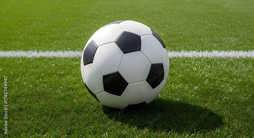Fototapeta premium Soccer ball on green grass field close up for sports background