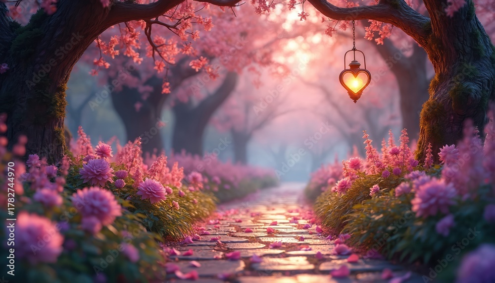 Fototapeta premium Enchanted path leads through fantasy garden. Pink flowers bloom along stone walkway. Heart shaped lantern hangs from tree. Warm light creates romantic, dreamy atmosphere. Blossoming trees arch