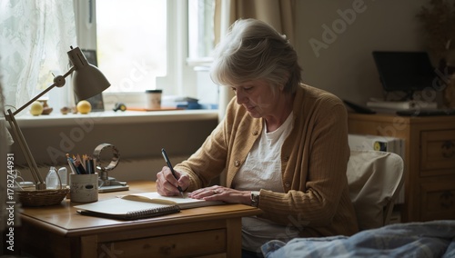 Elderly Woman Writing in Notebook at Home During Peaceful Afternoon