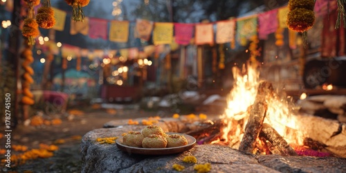 Colorful Celebration With Sweets and a Warm Fire During a Traditional Festiva...