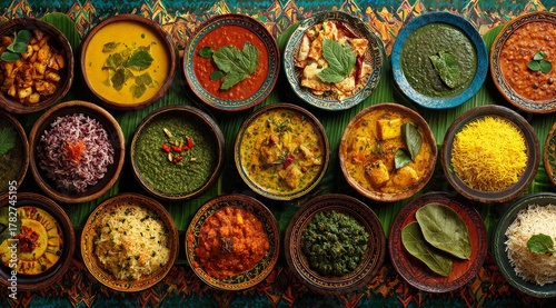 Colorful Array of Indian Dishes Displayed on a Vibrant Table