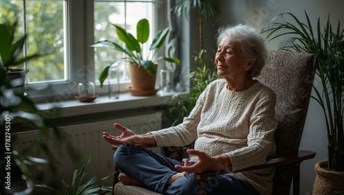 Senior Woman Practicing Meditation Indoors Surrounded by Greenery in Bright D...