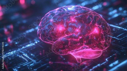 A computer-generated image of a glowing brain surrounded by digital particles on a dark background with circuitry patterns.
