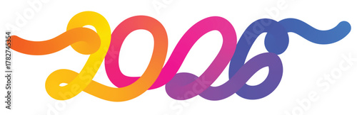 Colorful 2026 text with gradient ribbon effect on transparent background. Gradient Outline Drawing Vector Numbers Design. 2026 New Year Continuous One Line Art.