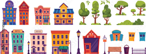 Urban and Nature Element Vector Set Featuring Buildings, Trees, Benches, Lamps, and Kiosks for Cityscape Design, Animation, and Environment Illustration