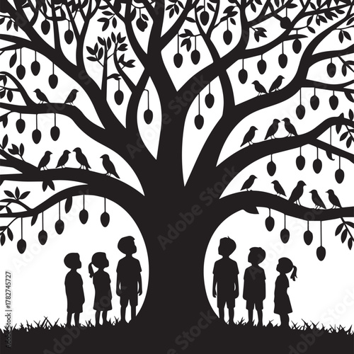 Black silhouette of a large tree with hanging fruit and birds with children standing below vector