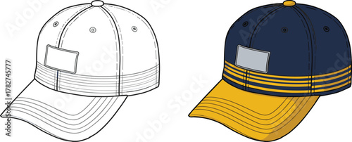 Baseball cap front view, fashion accessory, colored and line sketch, vector style, sporty headwear, cad drawing flat vector illustration