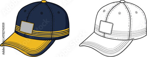 Baseball cap front view, navy and yellow hat, fashion accessory, outline and color comparison, cad drawing flat vector illustration**Baseball cap front view, navy 