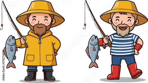 Happy fishermen holding fresh fish with fishing rods, smiling men in waterproof raincoat and striped shirt enjoying successful fishing catch