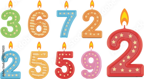 Birthday number candles with flames, colorful design, stars and stripes, festive decoration, cartoon style, cad drawing flat vector illustration