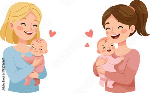 Happy mothers holding babies, cute mom and child illustration, loving parenthood concept, family bonding, adorable cartoon characters smiling