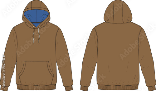 Brown hoodie front and back view, kangaroo pocket, ribbed cuffs, drawstring hood, blue lining, casual wear, cad drawing flat vector illustration