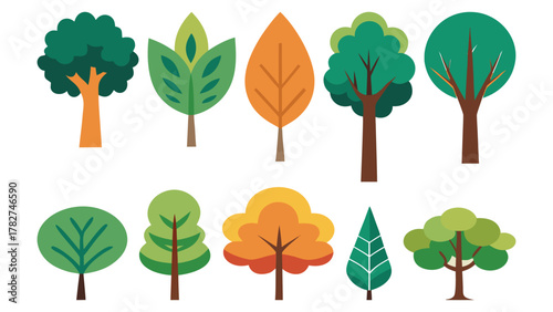 Collection of colorful cartoon trees in different shapes and sizes