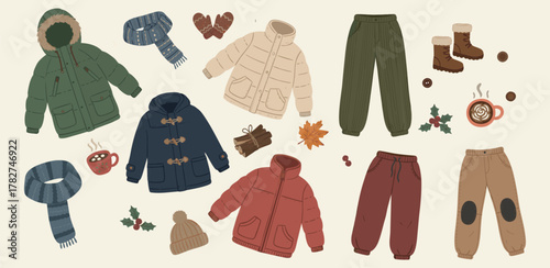 Warm jackets, pants, mittens, scarves, hats, boots, and mugs of cocoa — cozy winter illustration.