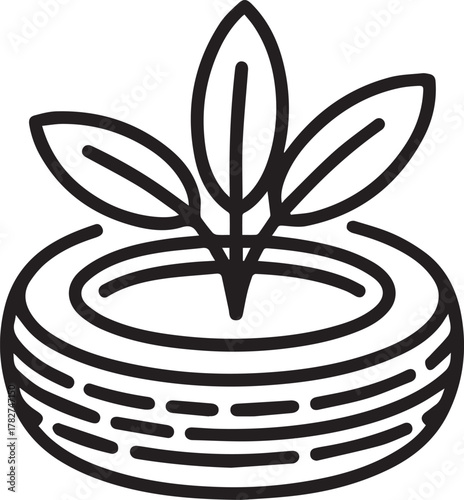 Sprouting plant emerging from a circular nest shape symbolizing growth, new beginnings, and nurturing ideas for a sustainable future