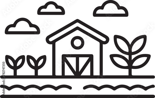 Charming farm scene with barn, crops, and fluffy clouds creates a peaceful country vibe perfect for illustrating sustainable living and simple pleasures