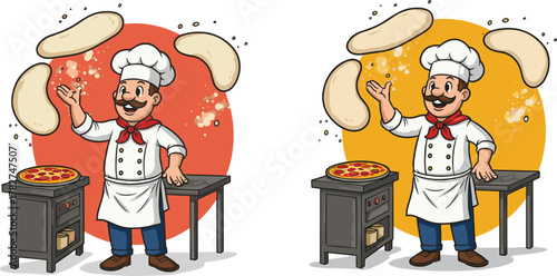 Happy pizza chef tossing dough in kitchen, cartoon baker preparing delicious pizza, Italian cooking illustration with red and yellow background