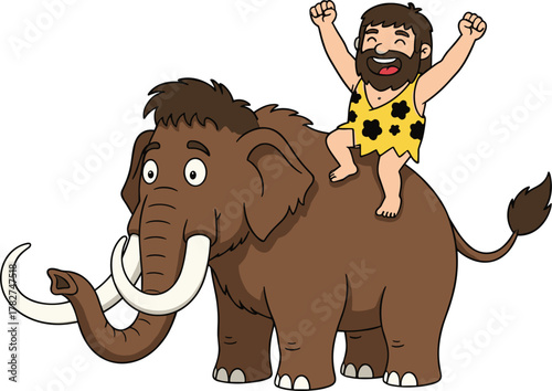 Cartoon woolly mammoth, prehistoric caveman riding, funny animal illustration, ancient character art, playful children design, cad drawing flat vector illustration