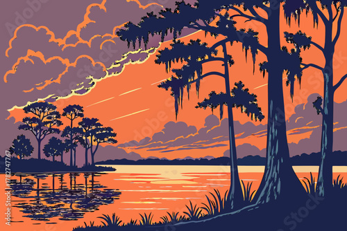 “Lake Martin with cypress trees and sunset, moody vector”