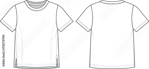 Basic short sleeve T‑shirt technical flat sketch, front and back view, crew neckline, side slit hem, apparel fashion design vector