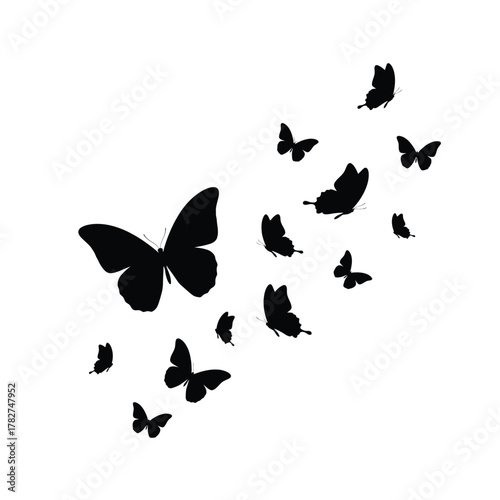 A swarm of black butterflies in silhouette flying across a white background silhouette