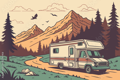 “RV road trip with scenic backdrop, retro travel vector”