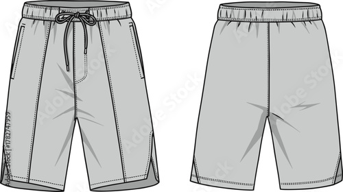 Casual athletic shorts front and back technical fashion flat sketch, drawstring waistband, elastic back, seam detail, lifestyle apparel design illustration