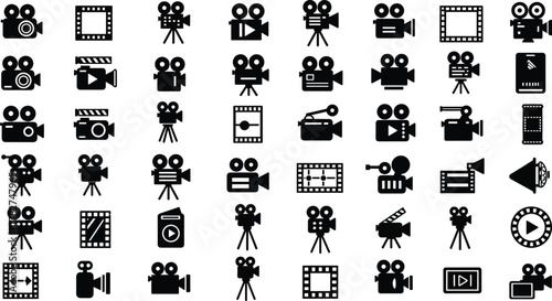Movie camera icons, film production symbols, cinema tools, video recording, director clapperboard, media lens, filmmaking and studio set