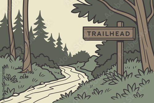 “Trailhead sign and forest path, earthy vector”
