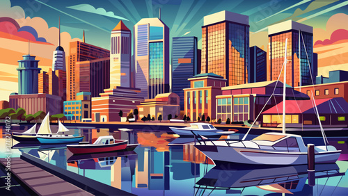 Very beautiful view of the downtown city marina on the Inner Harbor in Baltimore, Maryland, USA, featuring boats, waterfront buildings, calm reflections on the water, and a realistic vibrant urban atm