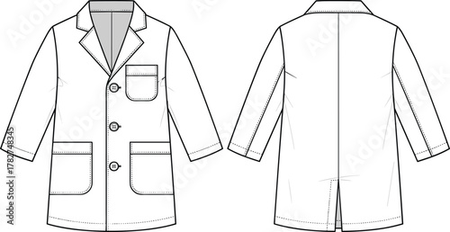 Lab coat technical flat sketch, front and back view, medical uniform design, fashion illustration, garment construction, apparel vector drawing, professional wear