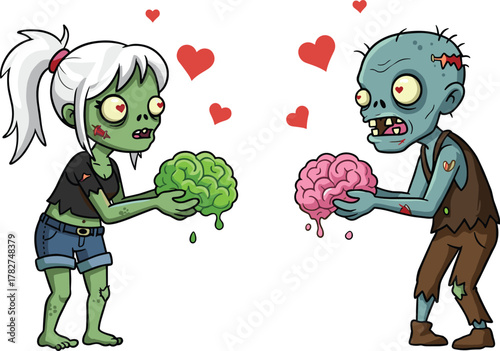 Cartoon zombie couple in love holding brains, romantic undead characters with hearts, funny horror illustration, Halloween design, spooky romance artwork