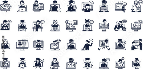 Online education icons, e-learning, student, teacher, graduation, laptop, virtual class, distance learning, webinar, online course, training