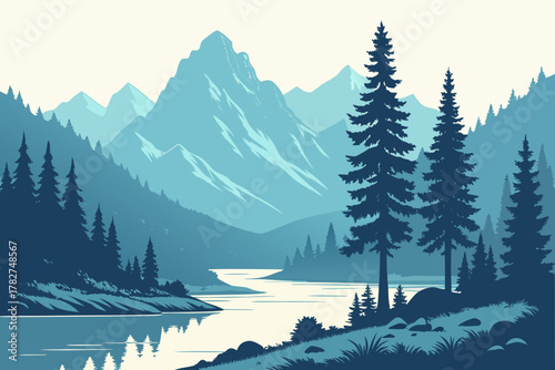 “Go where you feel alive with mountain and lake scene, aspirational vector”