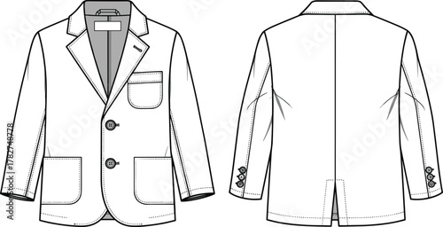 Men’s tailored blazer flat sketch, technical fashion illustration, front and back view, notched lapel, patch pockets, cuff buttons, apparel design vector