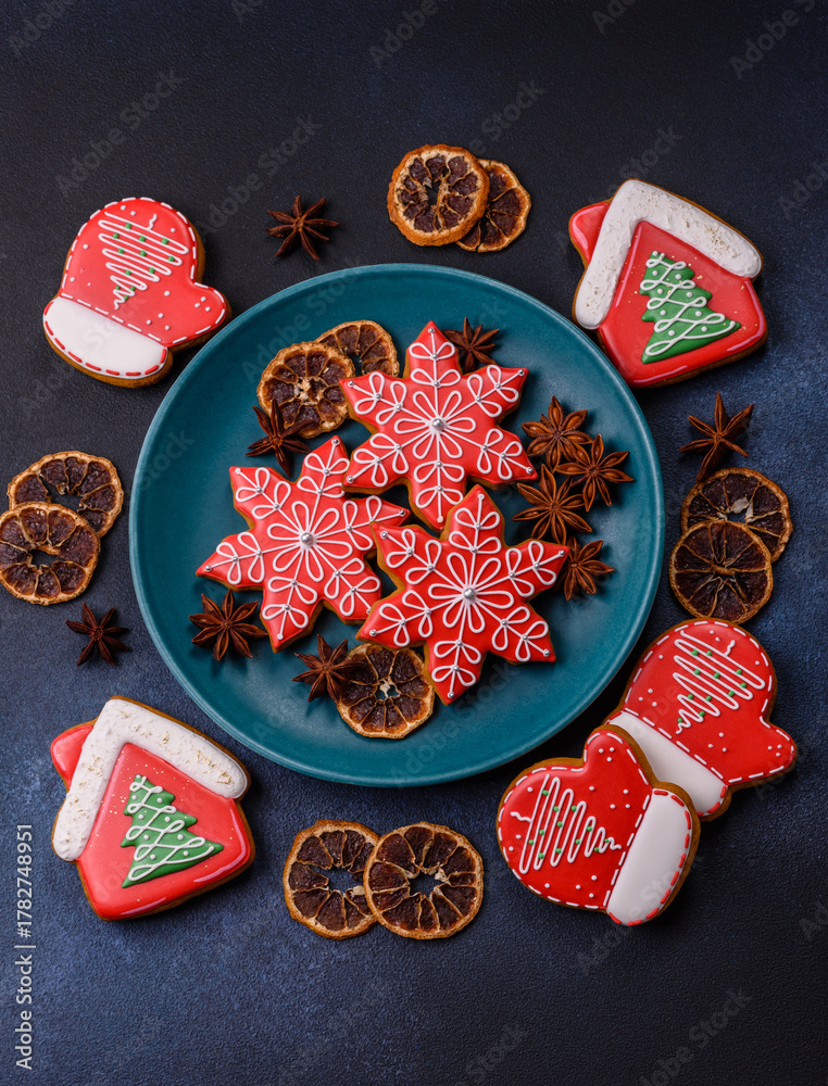 Fototapeta premium Gingerbread, Christmas cookies, or sweets for a festive family table. Christmas gingerbread