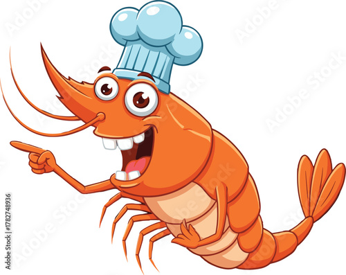 Chef shrimp cartoon vector illustration, funny seafood restaurant mascot, anthropomorphic prawn with hat, happy crustacean cooking design, cad drawing flat vector illustration